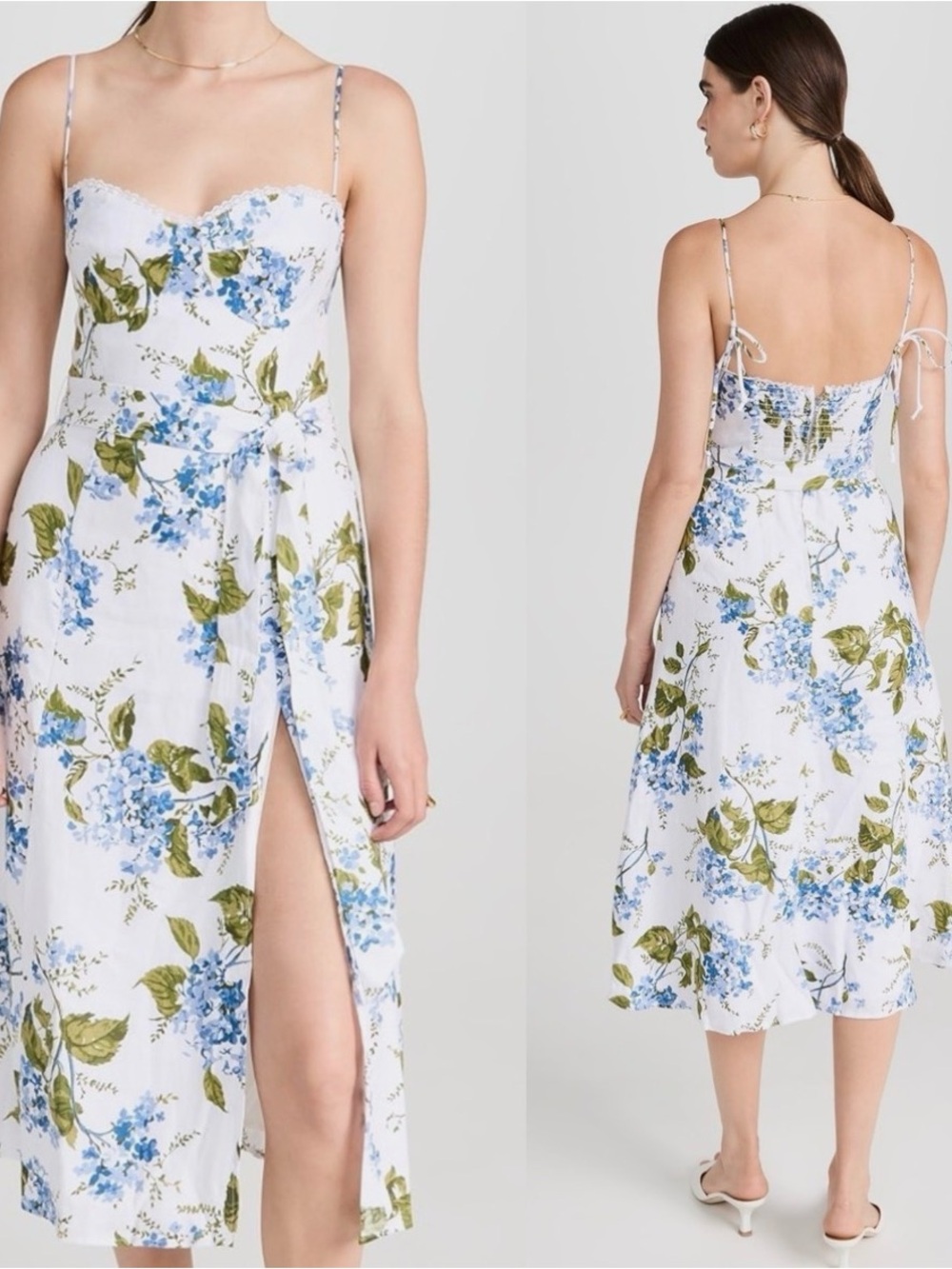 Reformation White Midi Dress with Blue Floral Print
